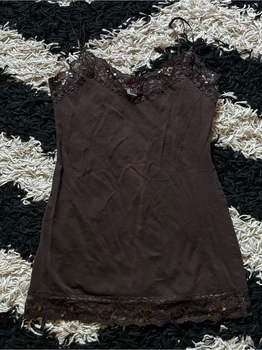 Bozzolo Coquette Chocolate Brown Sequined Lace Hem Tank Top